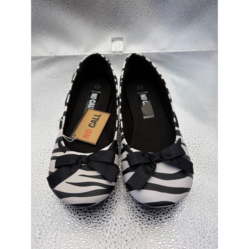 No Call Zebra Print Ballet Flats Black White Bow Round Toe Shoes 5.5M